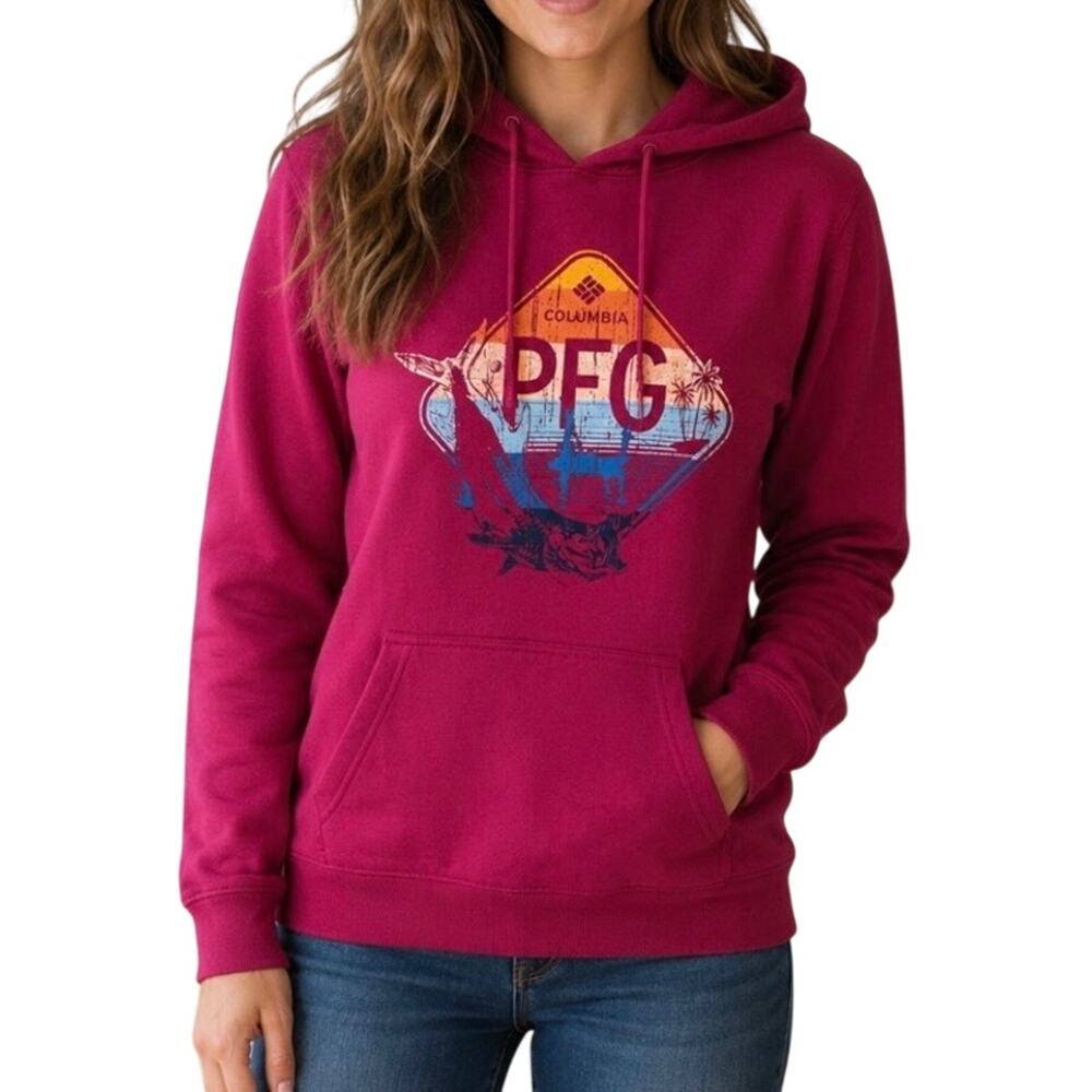 Columbia PFG Womens Sz M Riggins Creek Hoodie Hooded Sweatshirt Graphic Pink